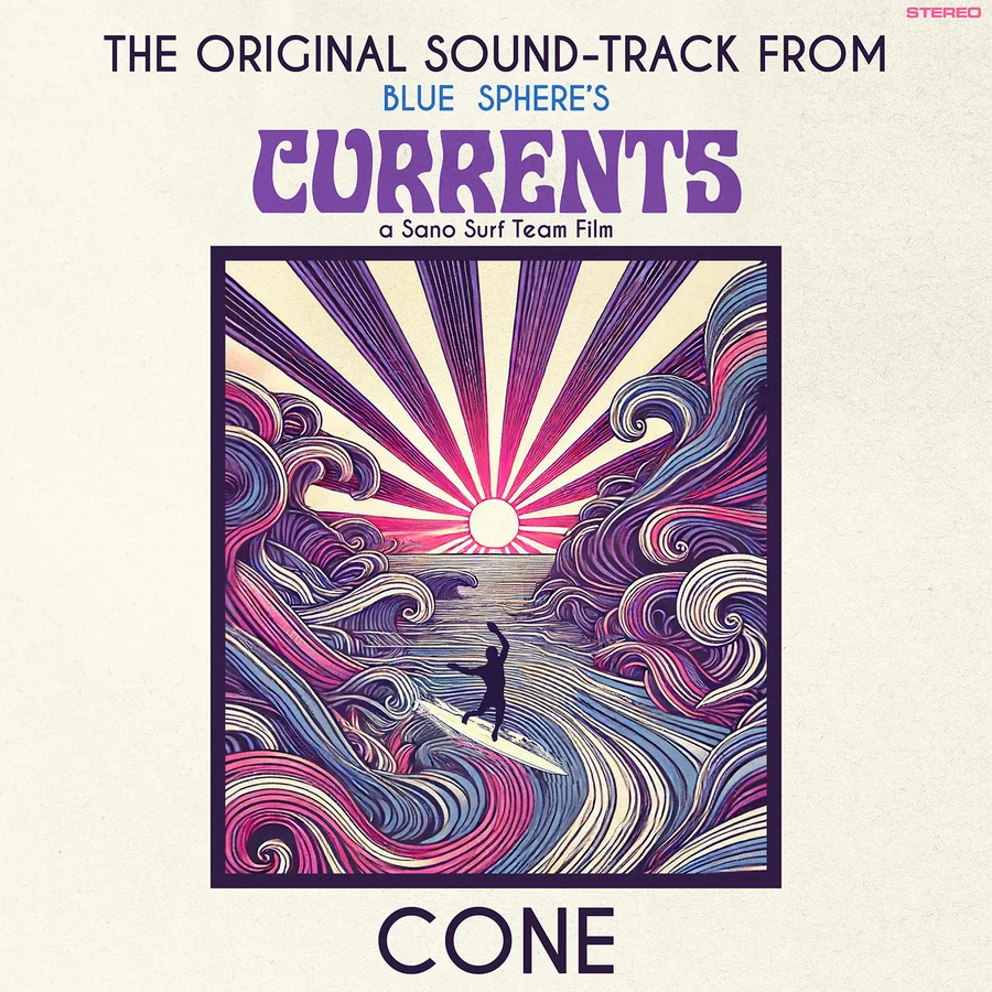 Currents original soundtrack by Cone: a surfer under a purple and pink sunburst between swirling waves